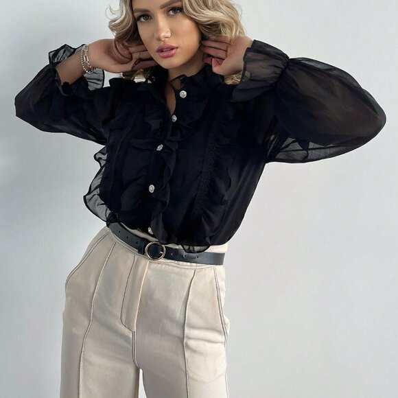 Black Preppy Womens Flounce Sleeve Ruffle Trim Button Front Shirt - Picture 1 of 5